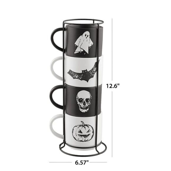 Way to Celebrate 4-Piece 12-Oz Black & White Halloween Icons Ceramic Pumpkin - Picture 7 of 7